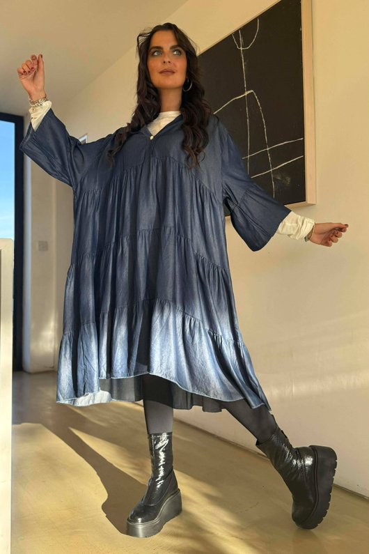 Chambray Tiered Midi Dress /5=